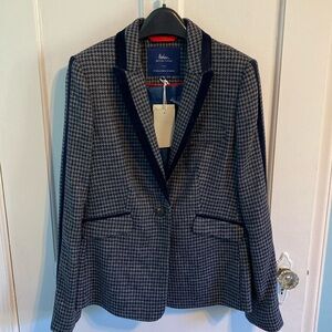 Boden British tweed 100% wool blazer in blue and grey houndstooth